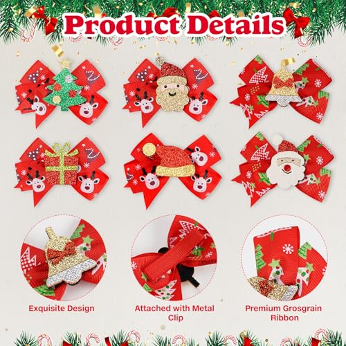 Christmas Hair Bows 6 PCS 3 Inch Grosgrain Ribbon Holiday Clips for Kids