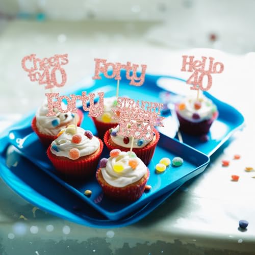 Ephlyn 24Pcs Rose Gold 40th Birthday Cupcake Toppers Glitter Picks