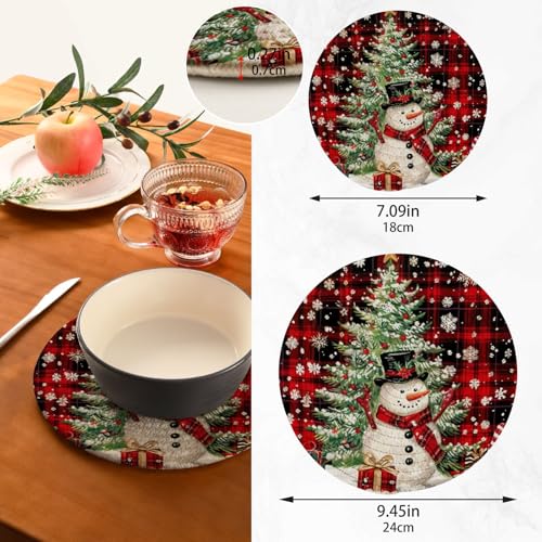 Snowman Christmas Tree Trivet Mat Set - Red Black Plaid Woven Hot Pads