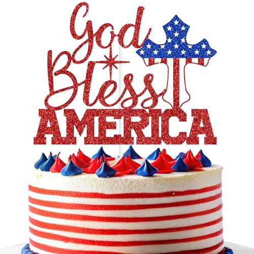 Red Glitter God Bless America Cake Topper for 4th of July