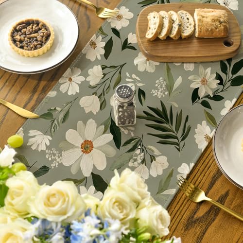 Green Olive Daisy Spring Table Runner 13x72 Inch Home Decor - Sage Green