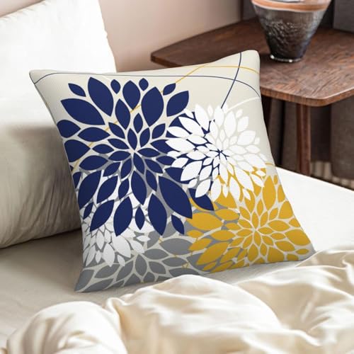 Navy Blue and Yellow Dahlia Floral Throw Pillow Covers - 18x18, Set of 2
