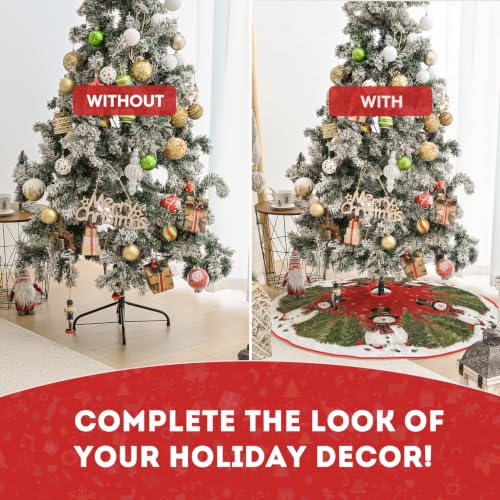Red Christmas Tree Skirt 60 Inch for 7.5-9ft Trees Snowman Cedar Cardinals