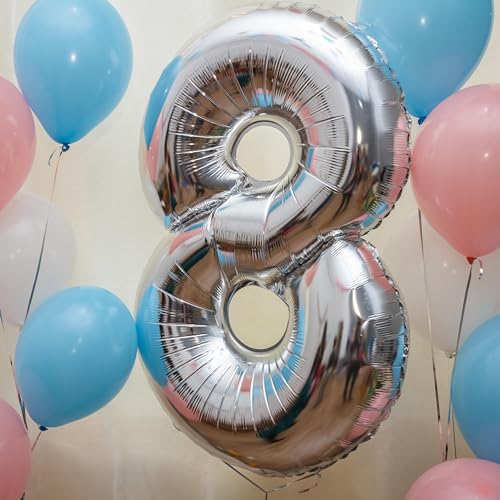 PatiCool 40 Inch Silver Number 8 Foil Mylar Balloon for Birthday Party Decor