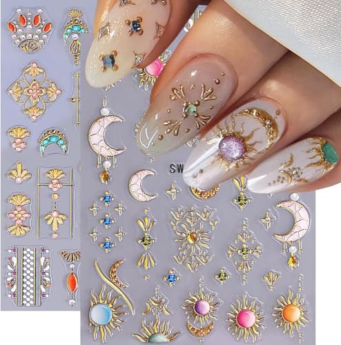 5D Embossed Sun Moon Nail Art Stickers Bohemian Metallic Gold Decals