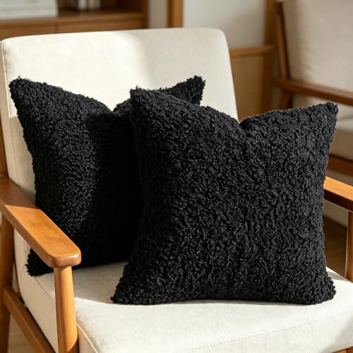 OYIMUA Black Faux Fur Boucle Throw Pillow Covers 20x20, Set of 2