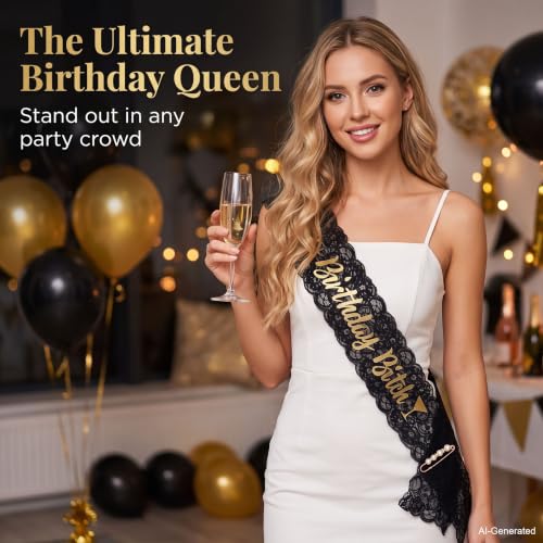 Black 'Birthday Bitch' Lace Sash with Pearl Pin for Women