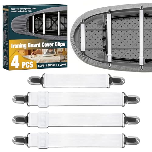 Ironing Board Cover Clips - 4 Pack Adjustable Elastic Fasteners (White)
