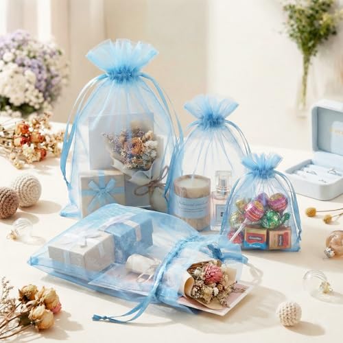 FUNFERY 100-Pack Baby Blue Organza Bags, 3x4 Inch Small Mesh Drawstring Gift Bags