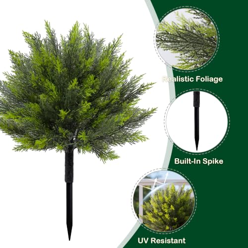 Artificial Cedar Topiary Bush 24 Inch with Ground Spike - Green Cedar, Set of 2