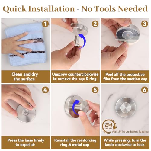 TACGEA Suction Cup Hooks, Removable Heavy Duty Shower Hooks - Brushed Silver 4 Pack