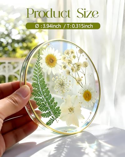 Oqplog Handmade Resin Drink Coaster with Dried Flowers - Elegant White Design