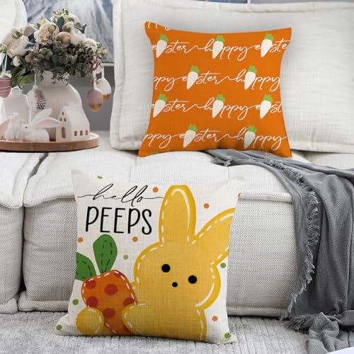 Happy Easter Carrots & Peeps Decorative Throw Pillow Covers - 20" x 20" (Pack of 4)