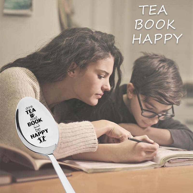 Engraved Coffee Spoon for Book Lovers - 'Drink Tea Read Book Be Happy'