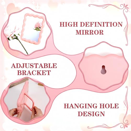 Wave-Shaped Pink Desk Mirror, Foldable Portable Makeup Mirror for Vanity