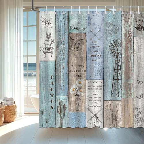 Farmhouse Rustic Shower Curtain - Vintage Wooden Planks, 72x72in, Waterproof with 12 Hooks