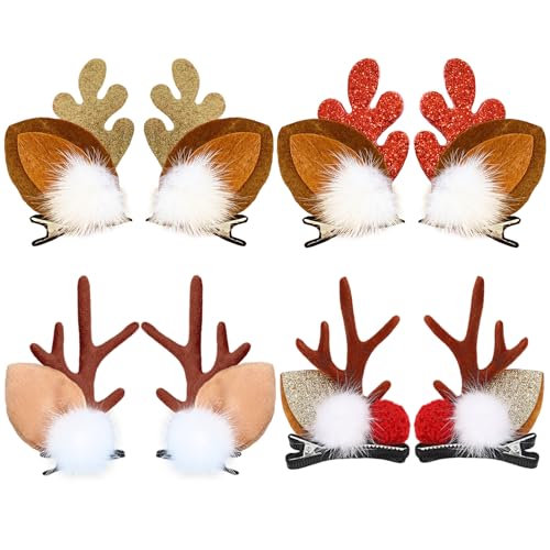 Christmas Reindeer Antlers Hair Clips 4 Pairs Deer Ears Barrettes