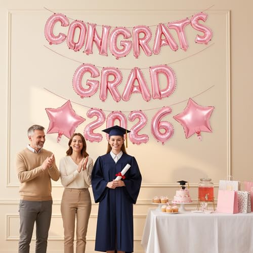 16-Inch Rose Gold Graduation Balloons 2026 - Congrats Grad Banner
