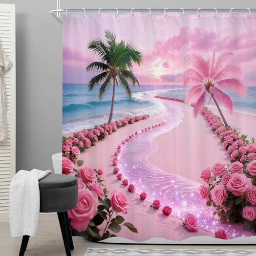 Cinbloo Tropical Beach Shower Curtain Set, Hot Pink Sunset, 60"W x 72"H