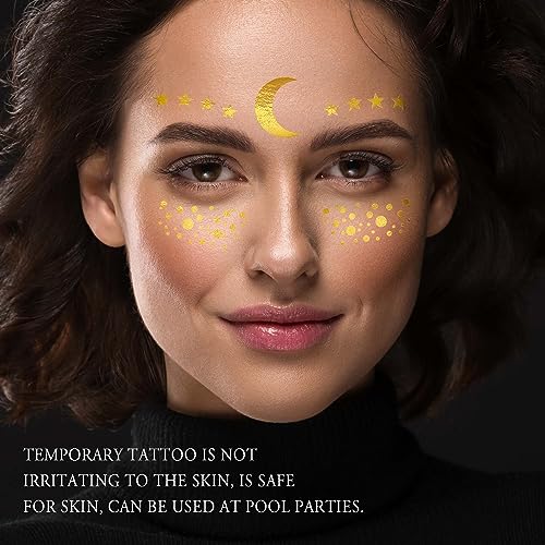 Gold Metallic Temporary Face Tattoos Celestial Sun Star Faux Freckles