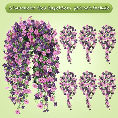Doxcore 6PCS Artificial Hanging Flowers for Outdoors - Double Purple Silk