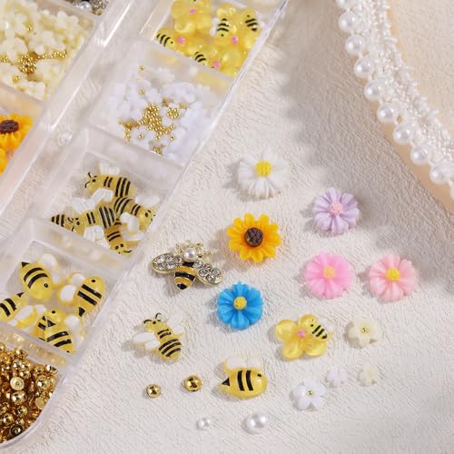 Quezadyl 12 Grids 3D Bee & Sunflower Nail Art Charms with Resin Rhinestones