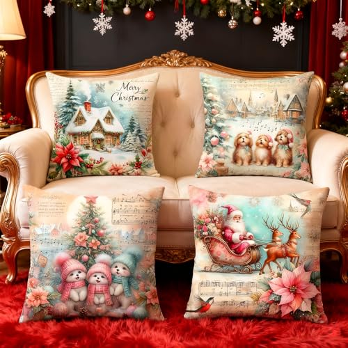 Vintage Christmas Throw Pillow Covers Set of 4 - 18x18 Soft Linen