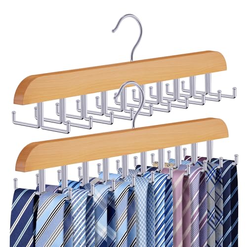 Wooden Tie and Belt Organizer Hanger with 20 Rotating Foldable Hooks