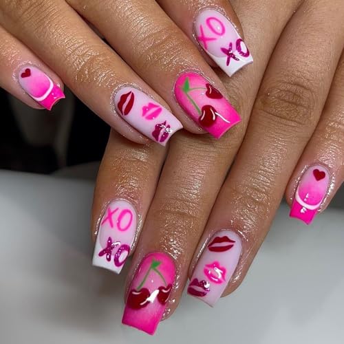 Octoswave Medium Square Press on Nails Pink Love Fake Nails 24 Pcs