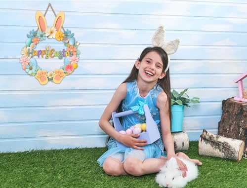 Easter Wooden Door Wreath 13" Happy Easter Sign for Front Porch Decor