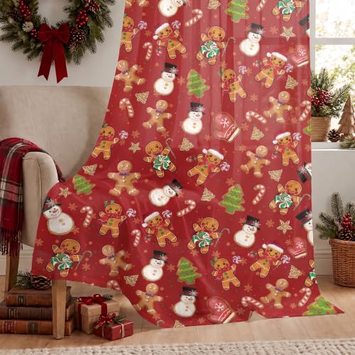 Red Sheer Holiday Curtains 52x63 Inches - Pack of 2 with Gingerbread & Snowman