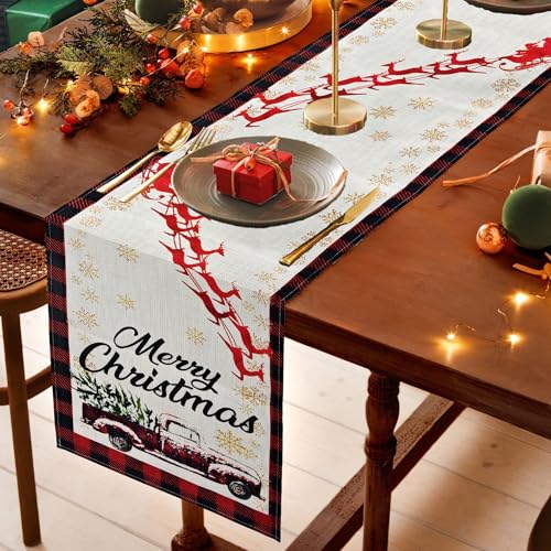 Buffalo Plaid Christmas Table Runner - 13 x 72 Inch Red Truck Decor