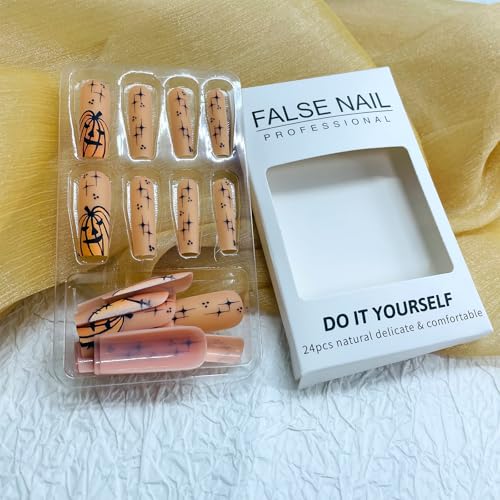 Long Square Halloween Press on Nails with Pumpkin Designs 24Pcs