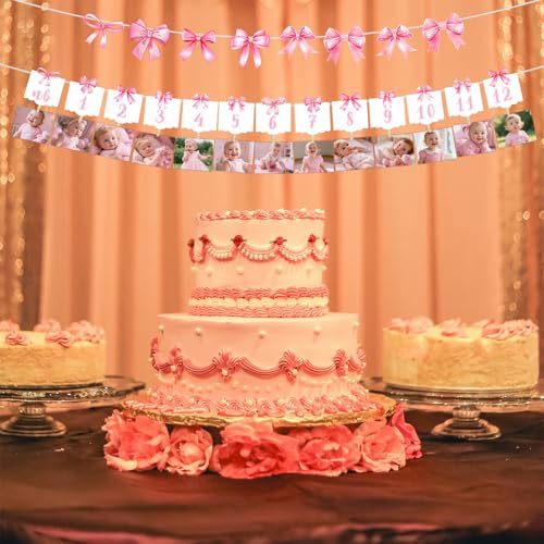 Pre-Strung Pink Bow 1st Birthday Photo Banner with Clips