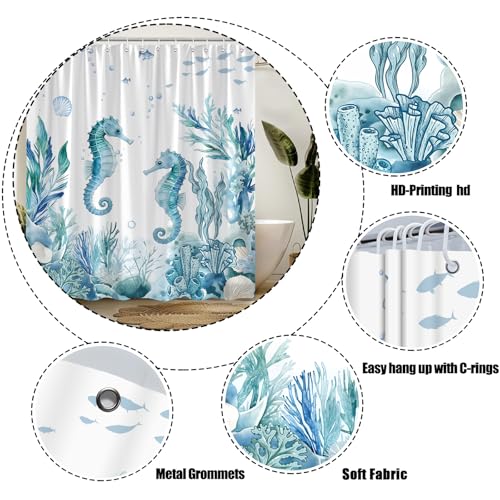 Coastal Seahorse Shower Curtain 70x70 Inch with Hooks