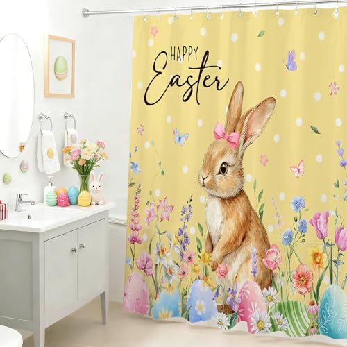 Mocsicka Easter Bunny & Egg Shower Curtain Yellow 71x71in Waterproof Bathroom Decor