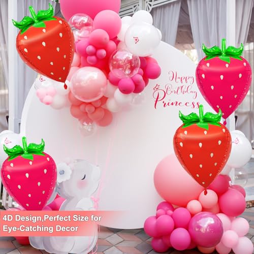 28-Inch Strawberry Balloons - 4 Pack 4D Mylar Foil Decorations