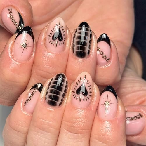 MERVF Almond Press on Nails Medium Black French Tip Gothic Fake Nails