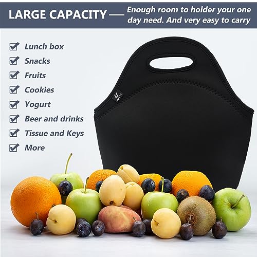 LOVAC Insulated Lunch Bag - Reusable Neoprene Tote, Pure Black