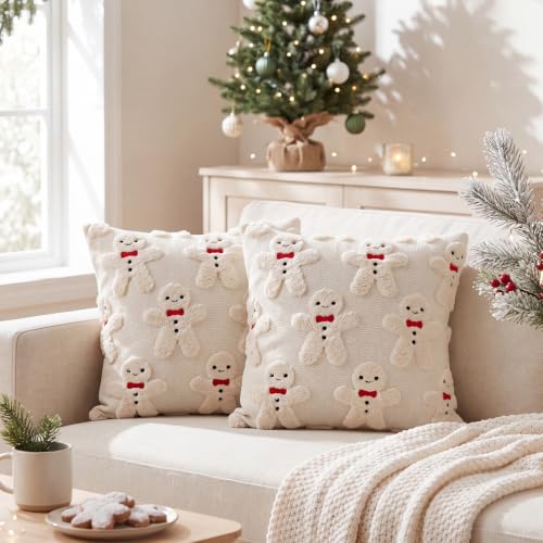 Christmas Gingerbread Pillow Covers – Soft Polyester, 18x18 in, 2 Pack