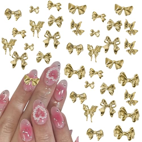 GUAACCB 3D Gold Metal Bow Nail Charms - Shiny Alloy Bowknot Gems for Nail Art