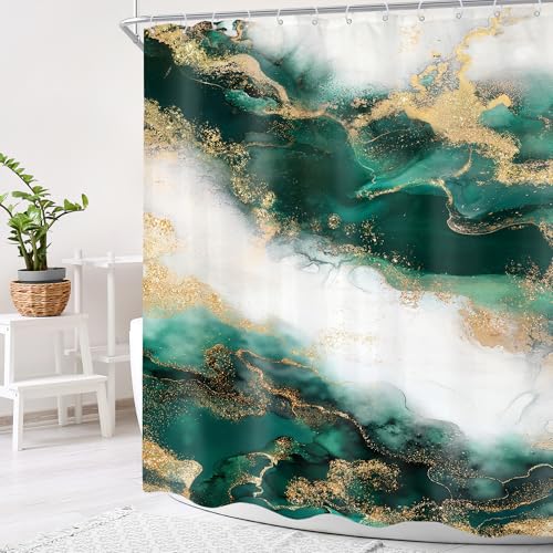 Cinbloo Emerald Green and Gold Marble Abstract Shower Curtain 60x72