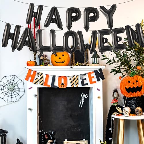 16 Inch Black 'HAPPY HALLOWEEN' Balloon Banner - Mylar Foil Decor