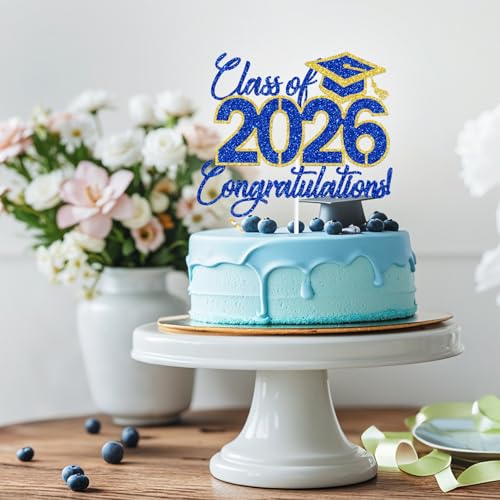 Class of 2026 Graduation Cake Topper - Blue & Gold Glitter Decor