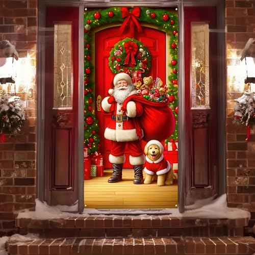 Christmas Door Cover Santa Dog Holiday Yard Banner 35x71 Inches