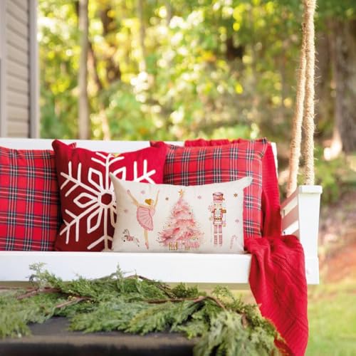 Pink Christmas Pillow Cover 12x20" - Ballerina & Nutcracker Design