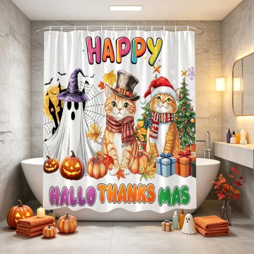 Happy Hallothanksmas Cat Ghost Shower Curtain 70x70, White Holiday Decor