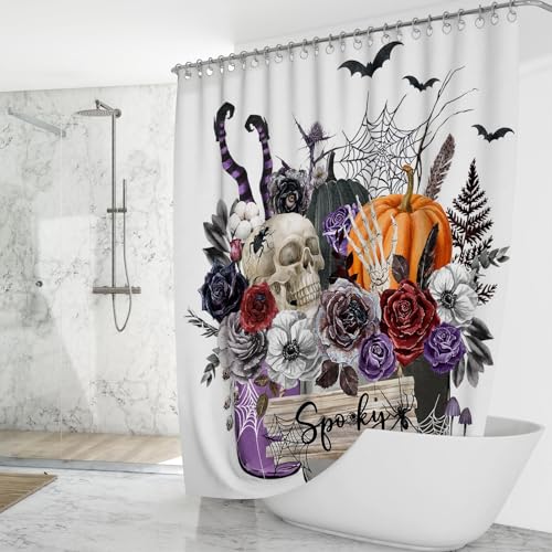Mocsicka Purple Halloween Pumpkin Skeleton Witch Shower Curtain - 71x71 inch