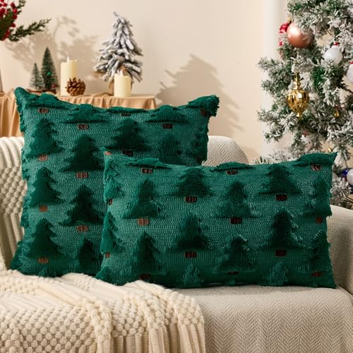 Allorry Christmas Pillow Covers 12x20 inch Set of 2 - Green Plush Decoration