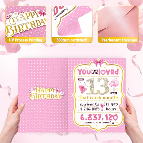 TSVATE 13th Birthday Card for Girls - Pink & Gold Design